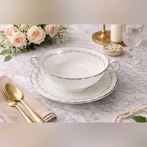 Aynsley “Princelea” (8197) Soup/Bouillon Bowl & Saucer – Platinum Trim